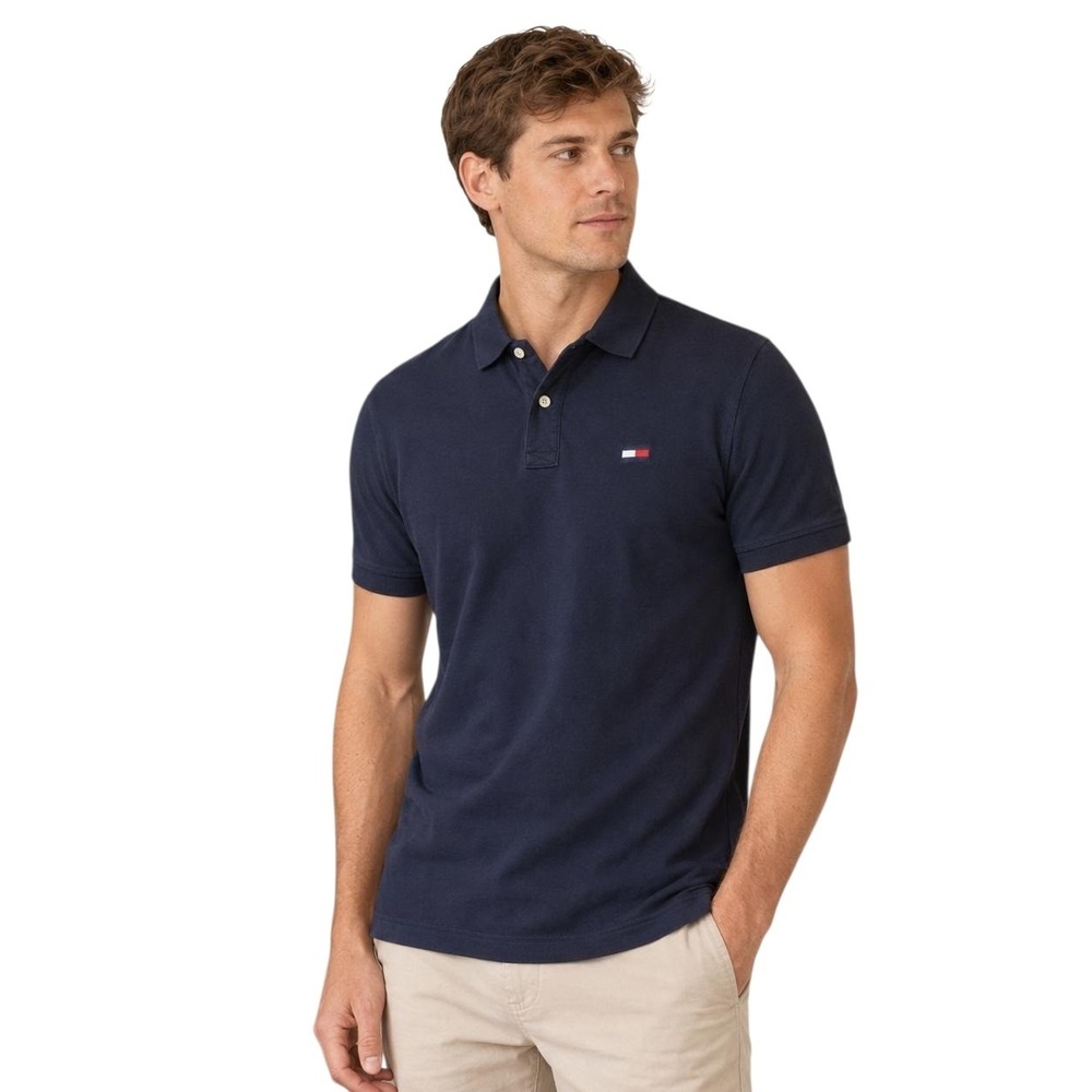 Tommy Hilfiger Polo Shirt Mens Large Trim Fit Flag Logo Navy Preppy Cotton EUC